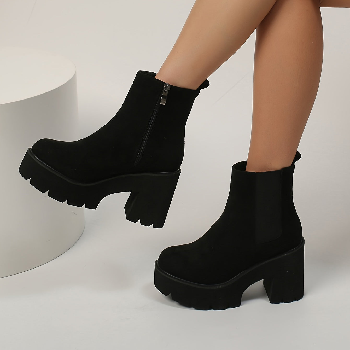 Women's Solid Color Platform Boots with Chunky Heels and Round Toe