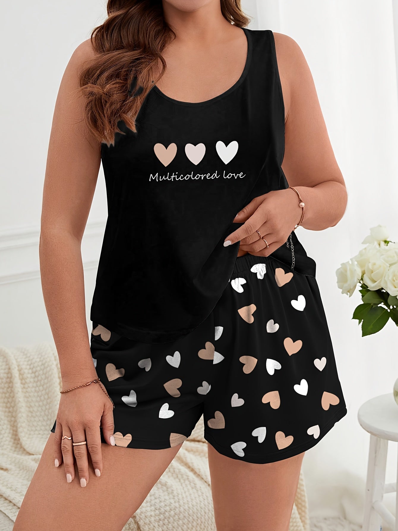 Plus Size Women's Knitwear Pajama Set with Heart Print Vest and Printed Shorts