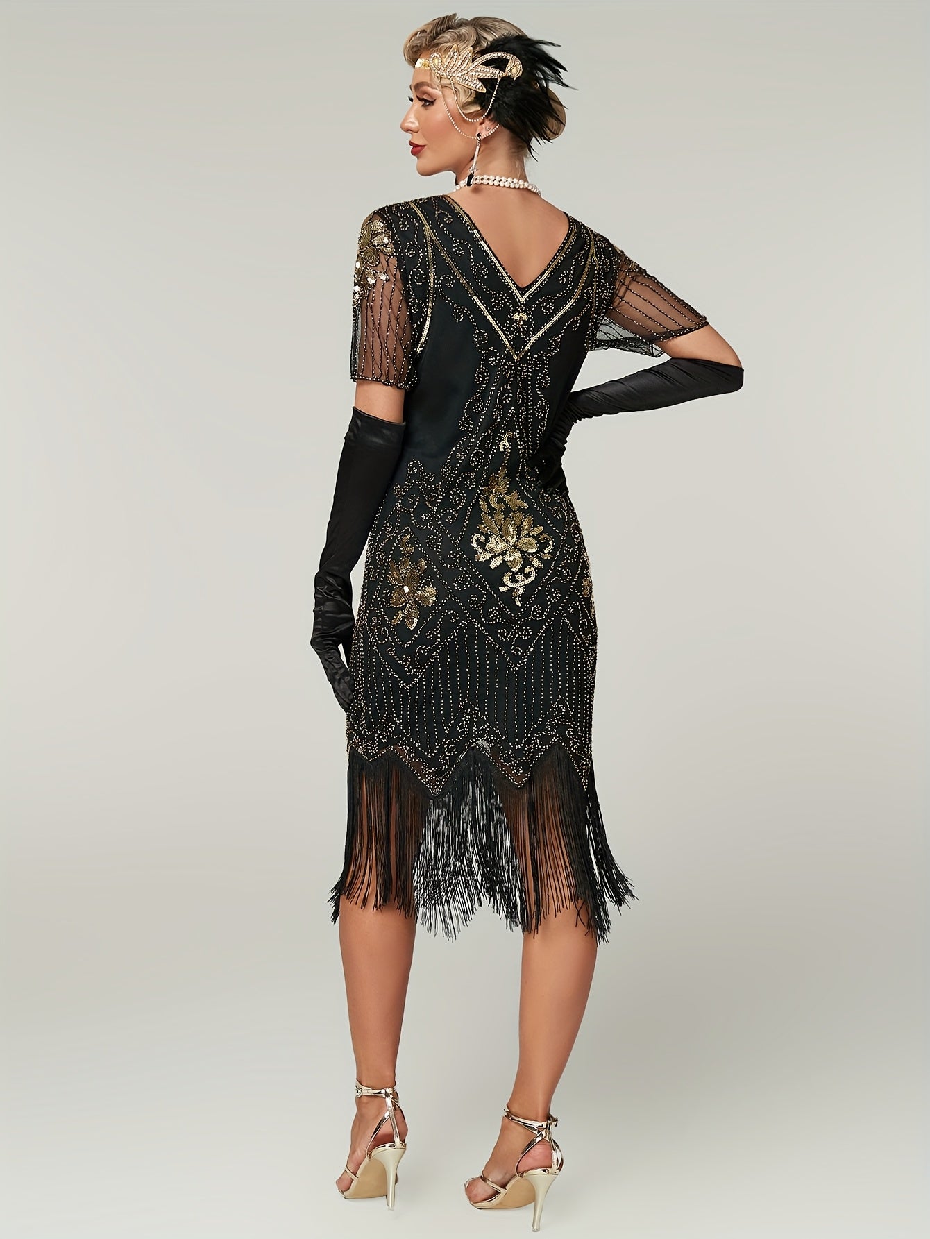 Women's Sequin Flapper Dress Gatsby Style Short Sleeve Party Gown