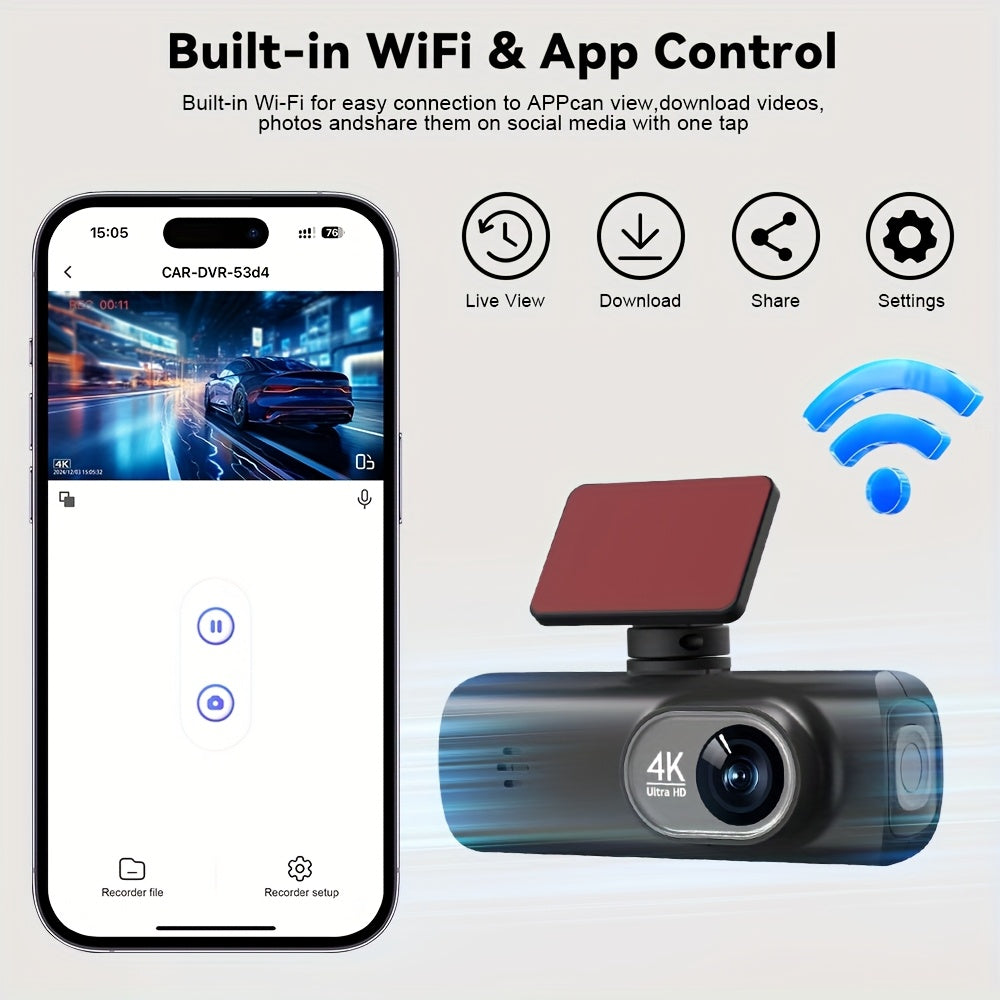 4K Ultra HD Dash Cam with Front and Rear View 64GB WiFi Night Vision Wide Angle
