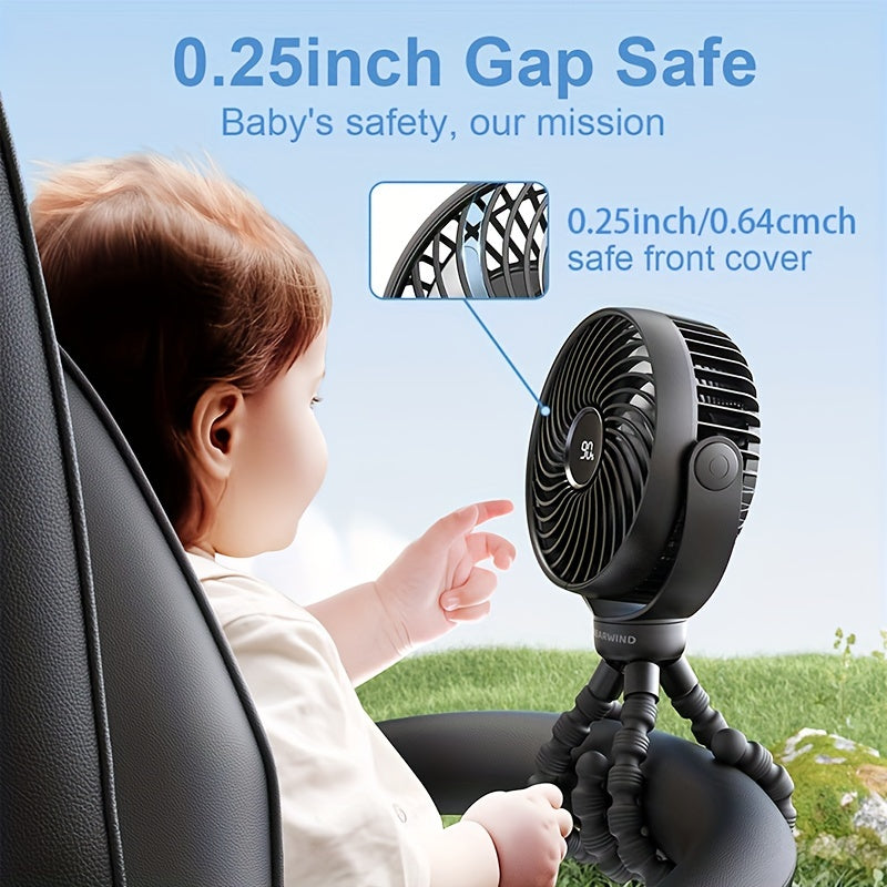 Portable USB Fan with LED Night Light, Rechargeable Battery, Touch Control, Clamp-On for Car Seat and Stroller