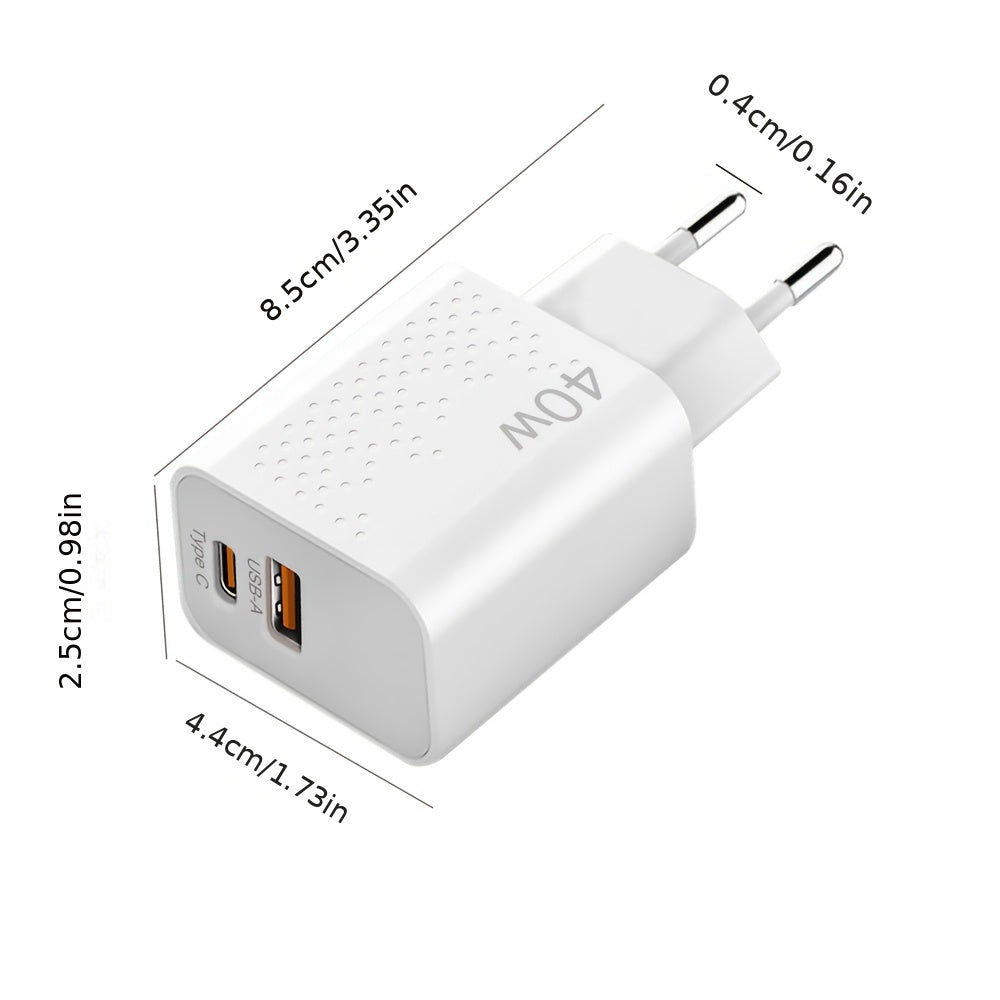 40W Dual Port USB-C Wall Charger with PD QC Fast Charging European Plug for Travel