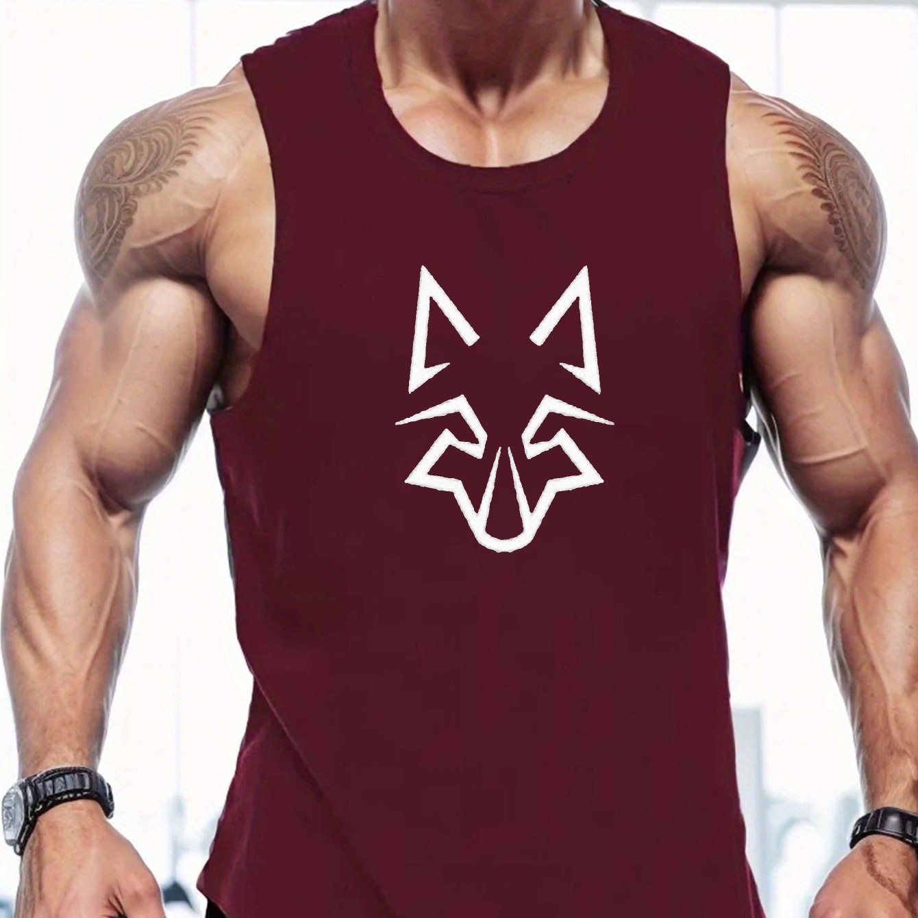 Men's Large Polyester Geometric Wolf Head Design Summer Vest Sports Regular Fit