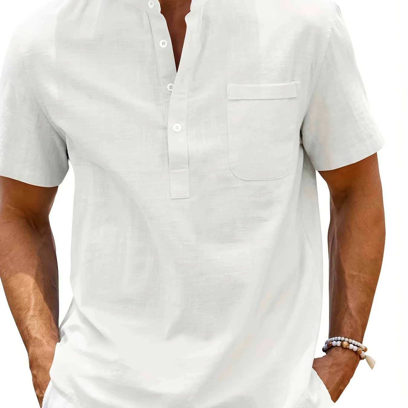 Camisa de algodón blanca de manga corta para hombre con cuello alto y bolsillo en el pecho, talla plus