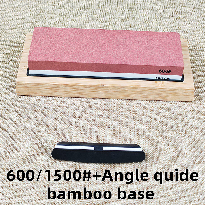 Juego de afilado de cuchillos con piedra de afilar de 2 etapas, base de bambú y guía de mango de madera