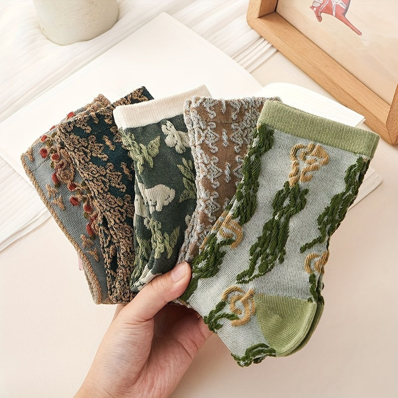 Women’s Floral Print Knee-High Socks 5 Pairs Mid-Tube Knit Polyester Elegant