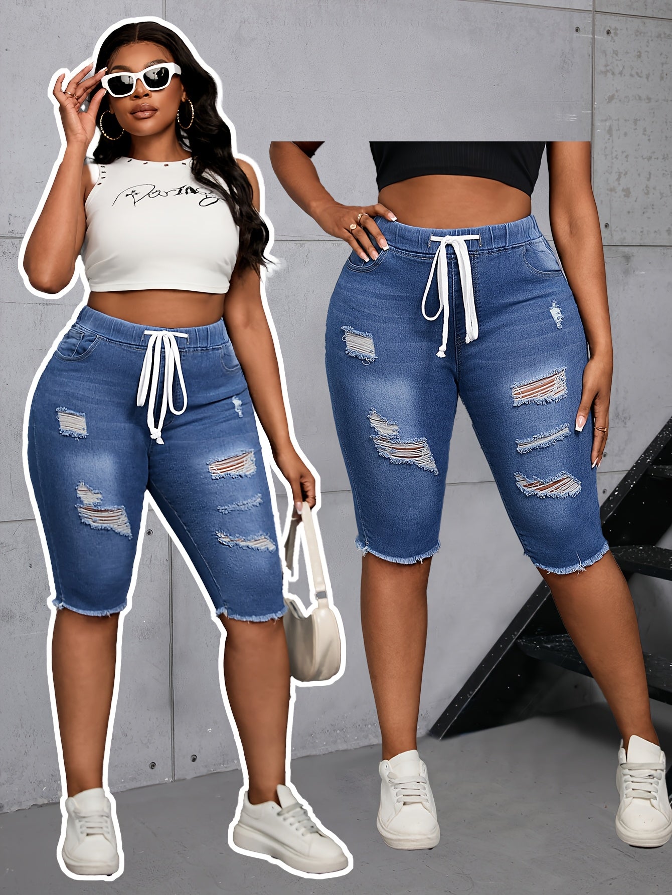 Ayollar uchun tornali, toza bo'yinli denim kapri shimlar, chiziqli elastik belbog' bilan