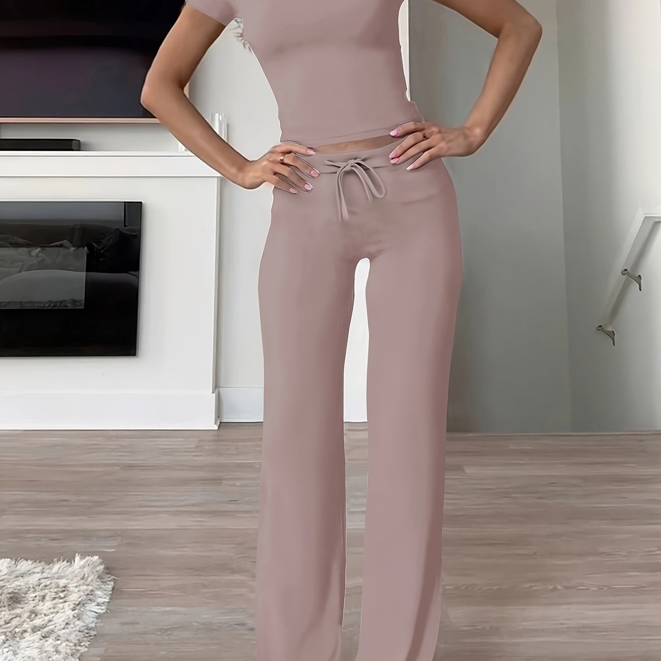 Women's Ribbed Modal Spandex Loungewear Set with Drawstring Crew Neck Solid
