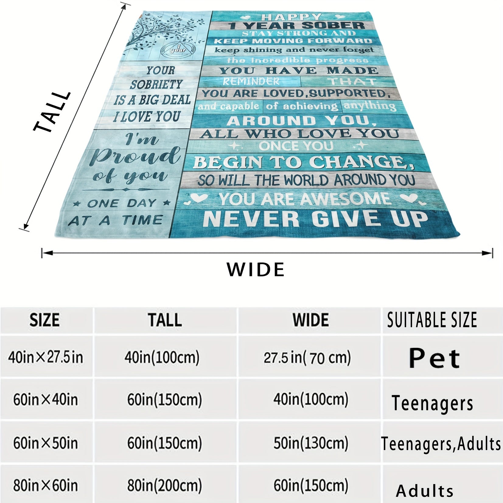 Inspirational Throw Blanket for Men Women 1 Year Sobriety Recovery Digital Print All-Season Flannel