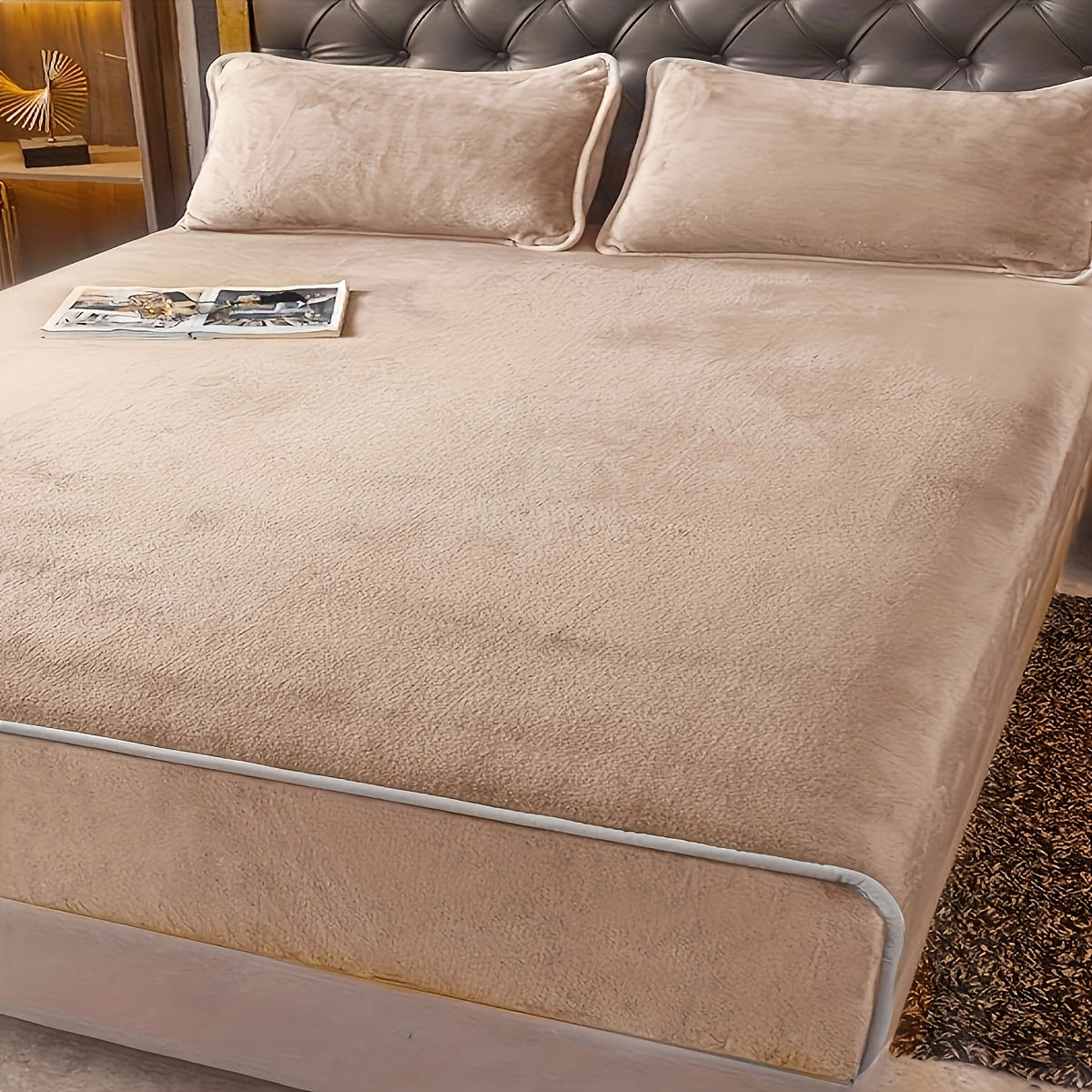 Beige Milk Velvet Fitted Sheet 100% Polyester Deep Pockets Machine Washable Luxurious Bedding