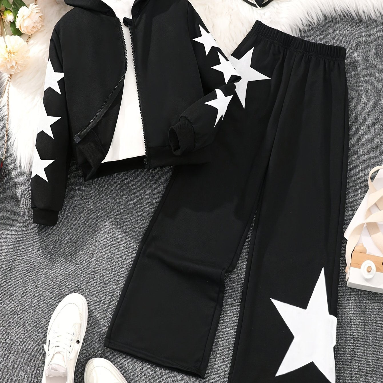 Girls Polyester Star Pattern Hoodie and Pants Set Long Sleeve Casual Fall Winter