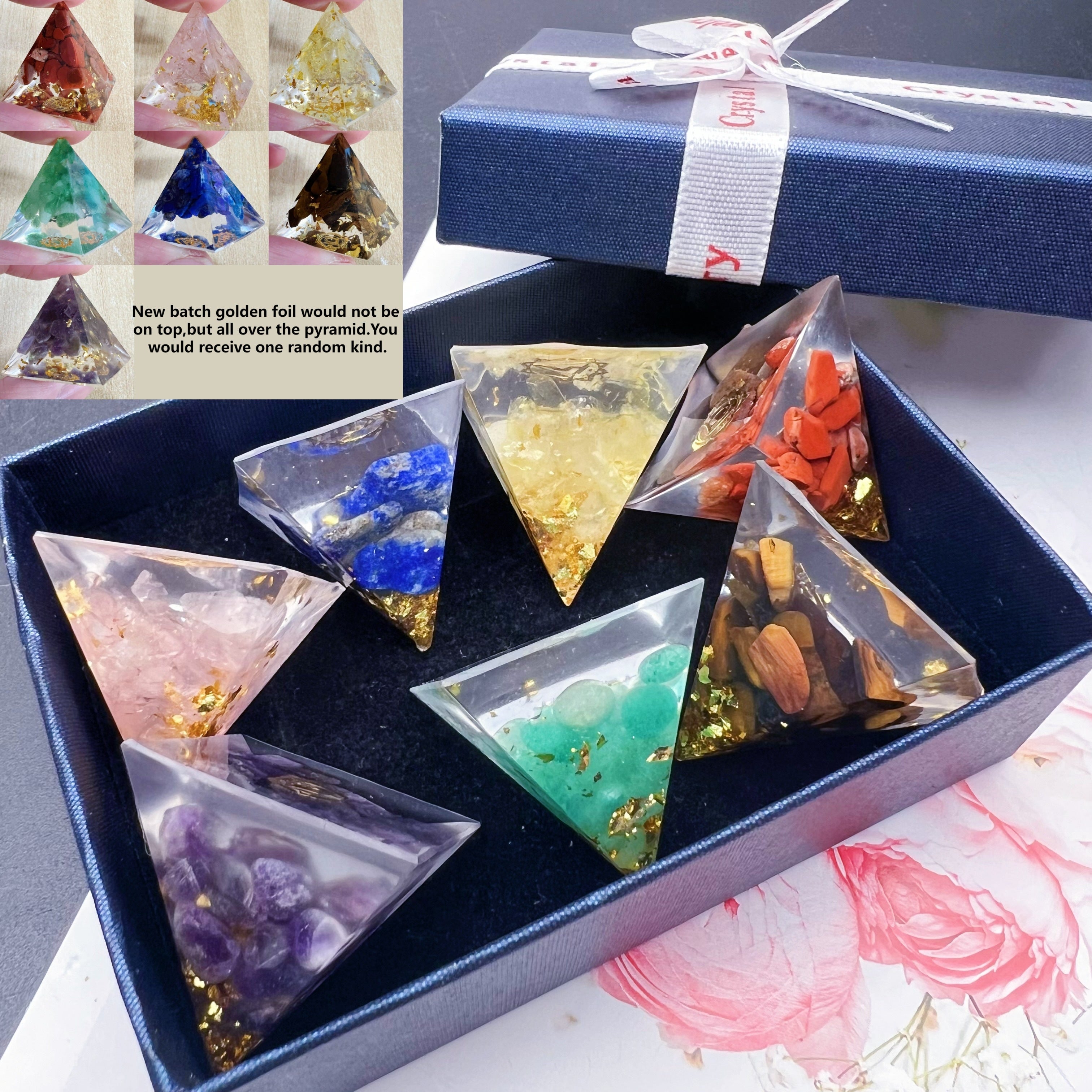 Set of 7 Natural Crystal Orgone Mini Pyramids in Gift Box Reiki Healing Gemstone Resin Decor