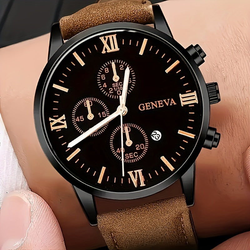 Men's Quartz Watch with Date Function Circular Dial Synthetic Leather Band Roman Numerals