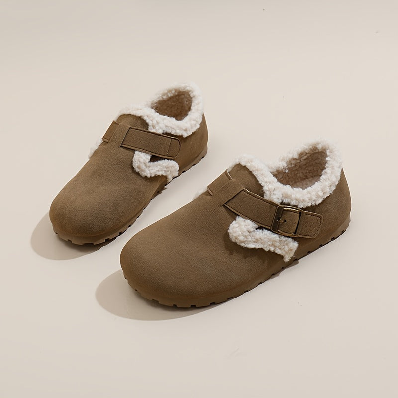 Women's Flannel-Lined Ankle Booties Casual Flat Heel Buckle Closure