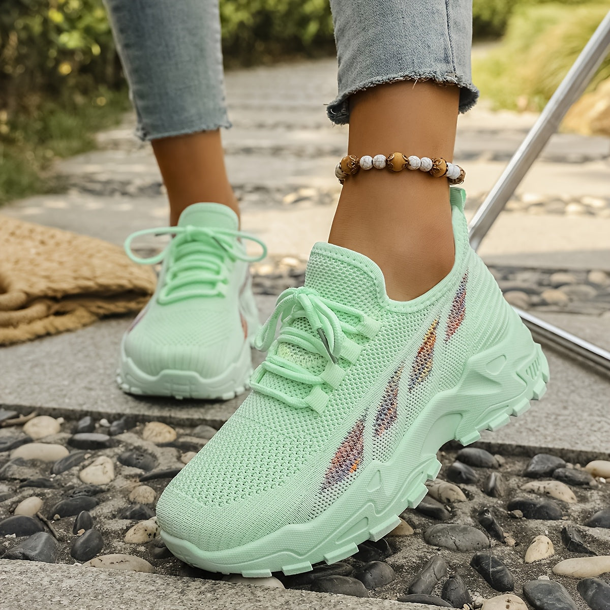 Women’s Breathable Knit Sneaker Casual Low-Top Walking Shoe with Round Toe