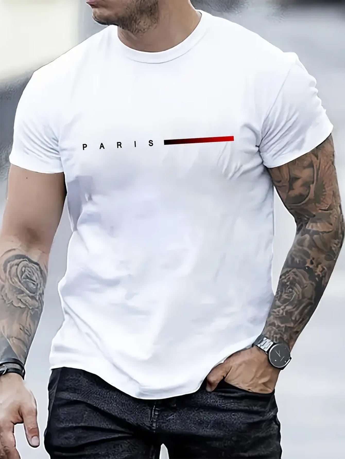 Men's Polyester Graphic T-Shirt with Red Stripe for Gym Running Spring Summer