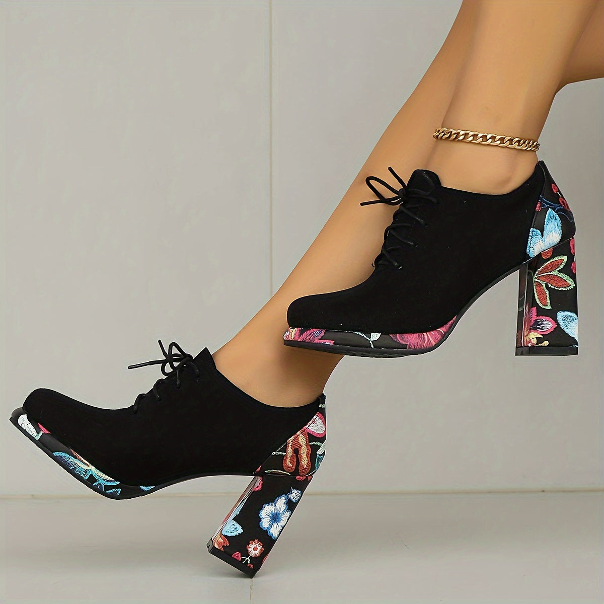 Women's Ankle Boots Fabric Platform Lace-Up Chunky Heel Black Floral Navy Red