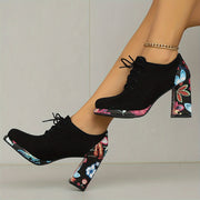 Women's Ankle Boots Fabric Platform Lace-Up Chunky Heel Black Floral Navy Red