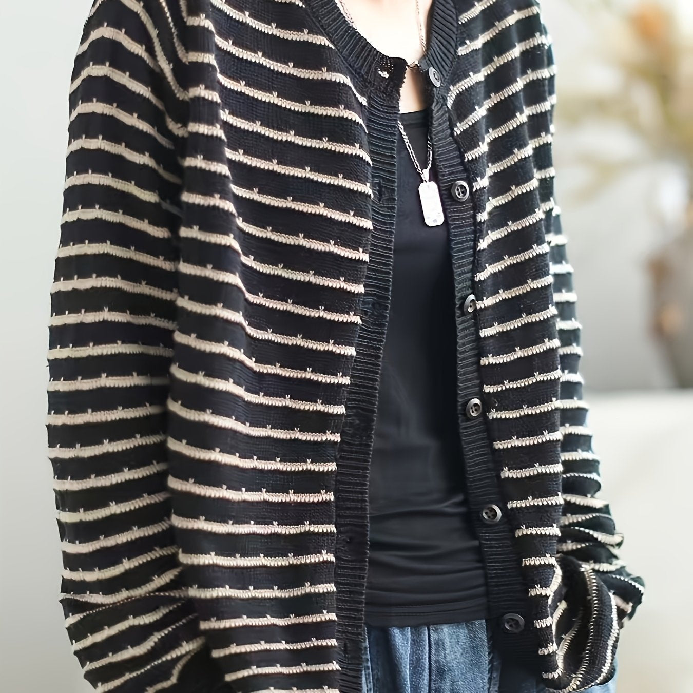 Women's Casual Striped Sweater Retro Cardigan Fall Spring Loose Outerwear