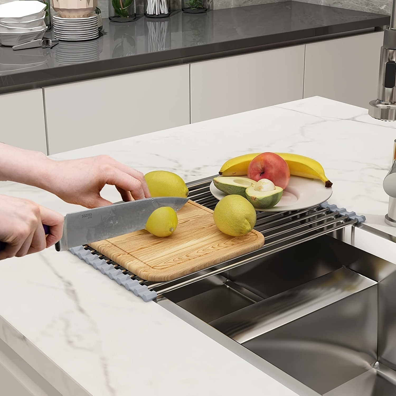 Large Grey Stainless Steel Silicone Heat Resistant Non-Slip Dish Drying Rack with Sink Drain