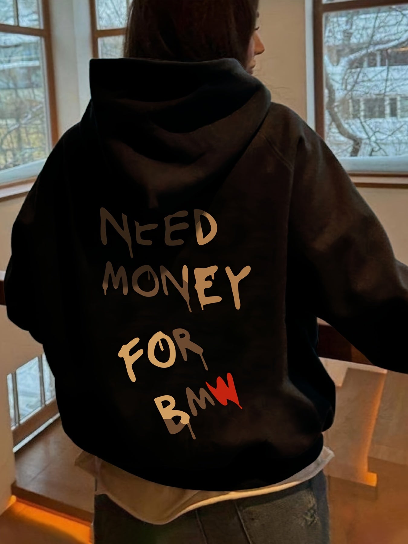 Women's Polyester Hoodie with Knit Fabric Fleece-Lined Hood Pockets Casual Winter