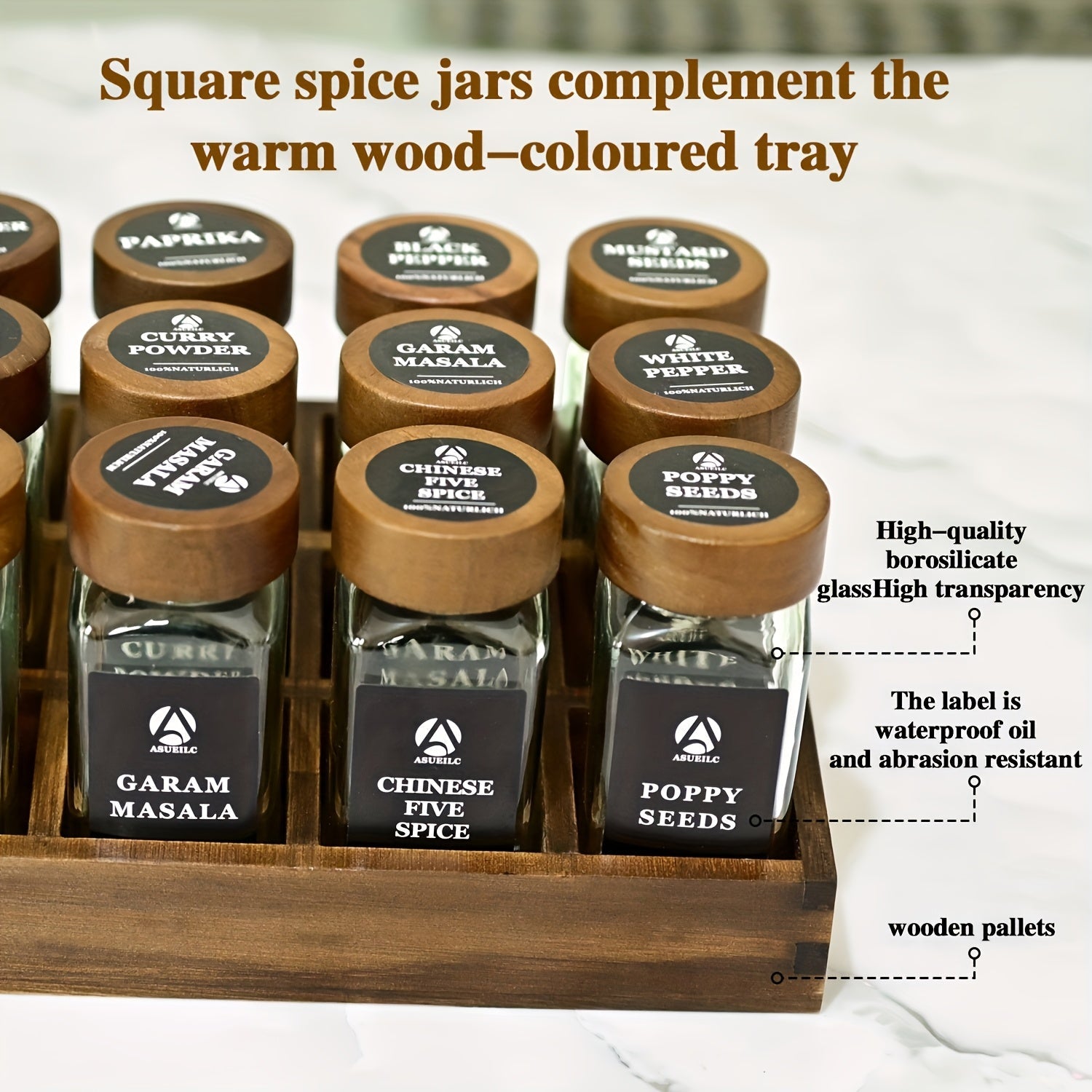 24-Piece Sandalwood Spice Rack Set with Glass Jars and Waterproof Labels