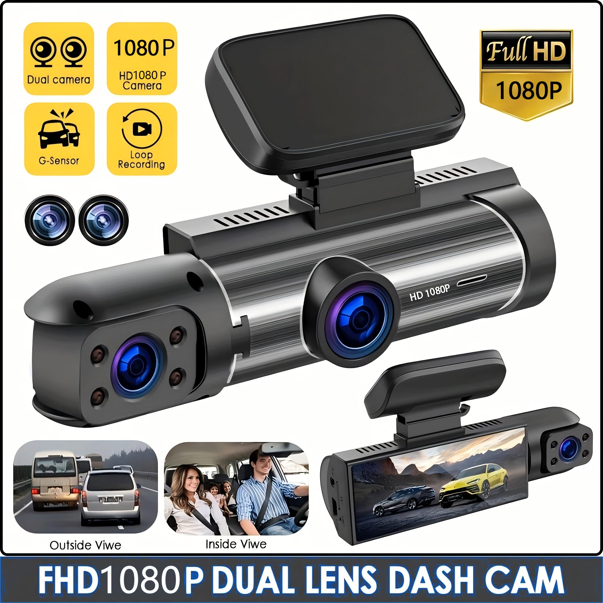 Car Dash Cam with 64G High-Speed Memory Card HD Dual Front and Rear Recording 3.16-Inch IPS Screen