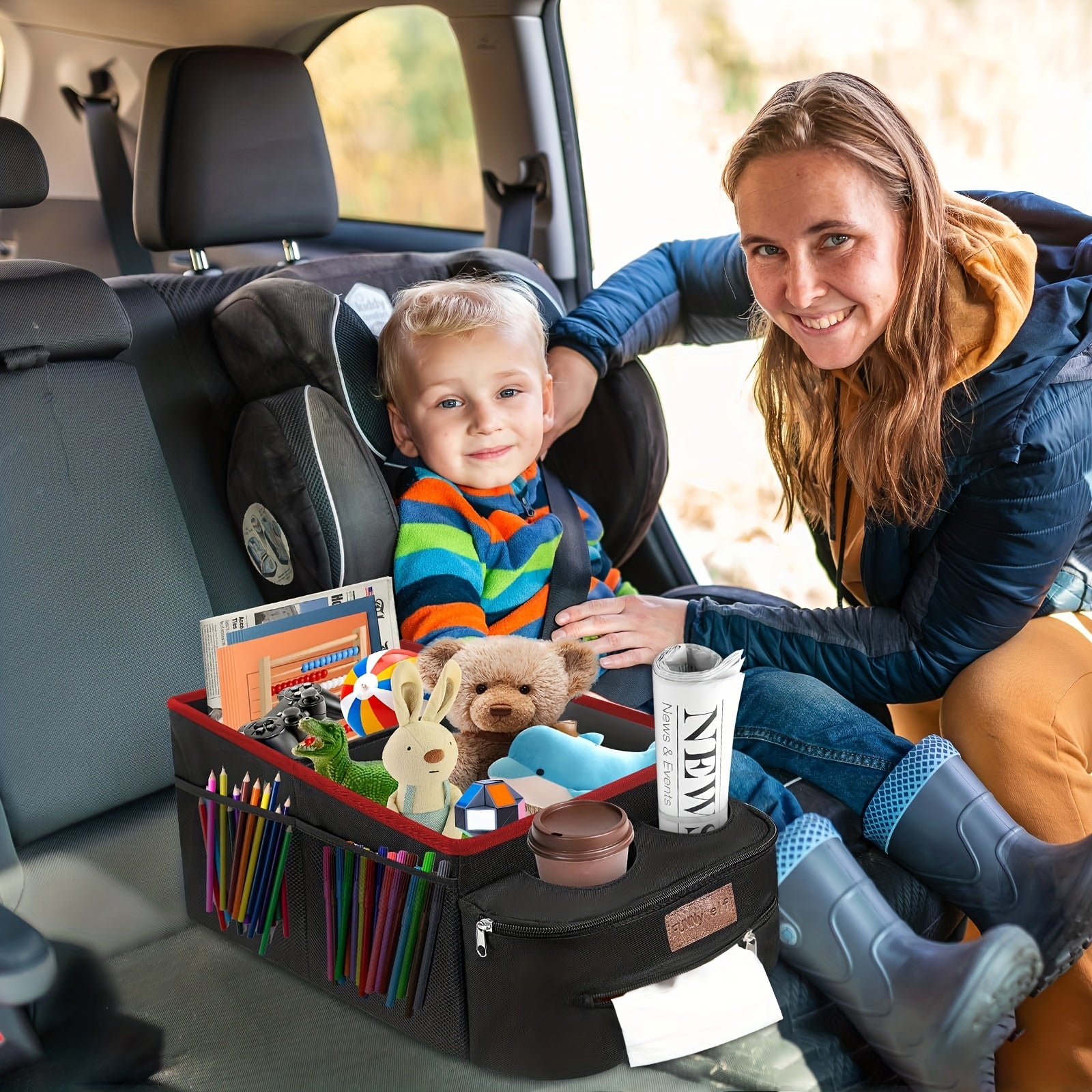 Backseat Car Organizer with Storage Compartments and Cup Holders
