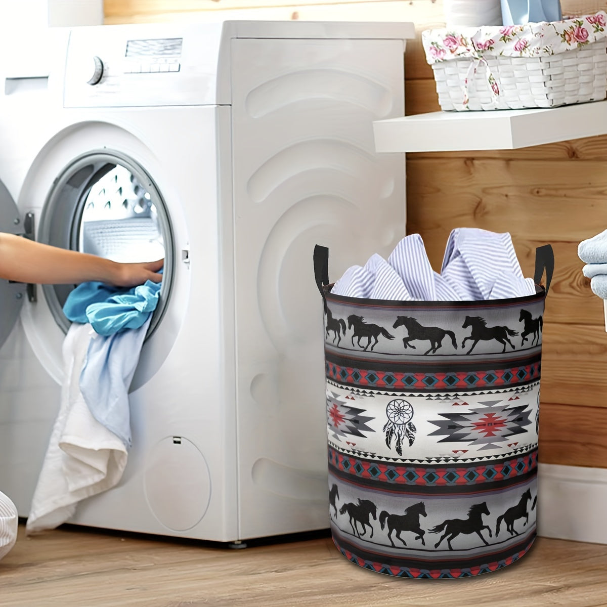 Большая складная корзина для белья с ручками, украшенная узором с галопирующей лошадью. Прочная и стильная круглая корзина из полиэстера для хранения игрушек в прачечной, размером 41,91 x 35,05 см.