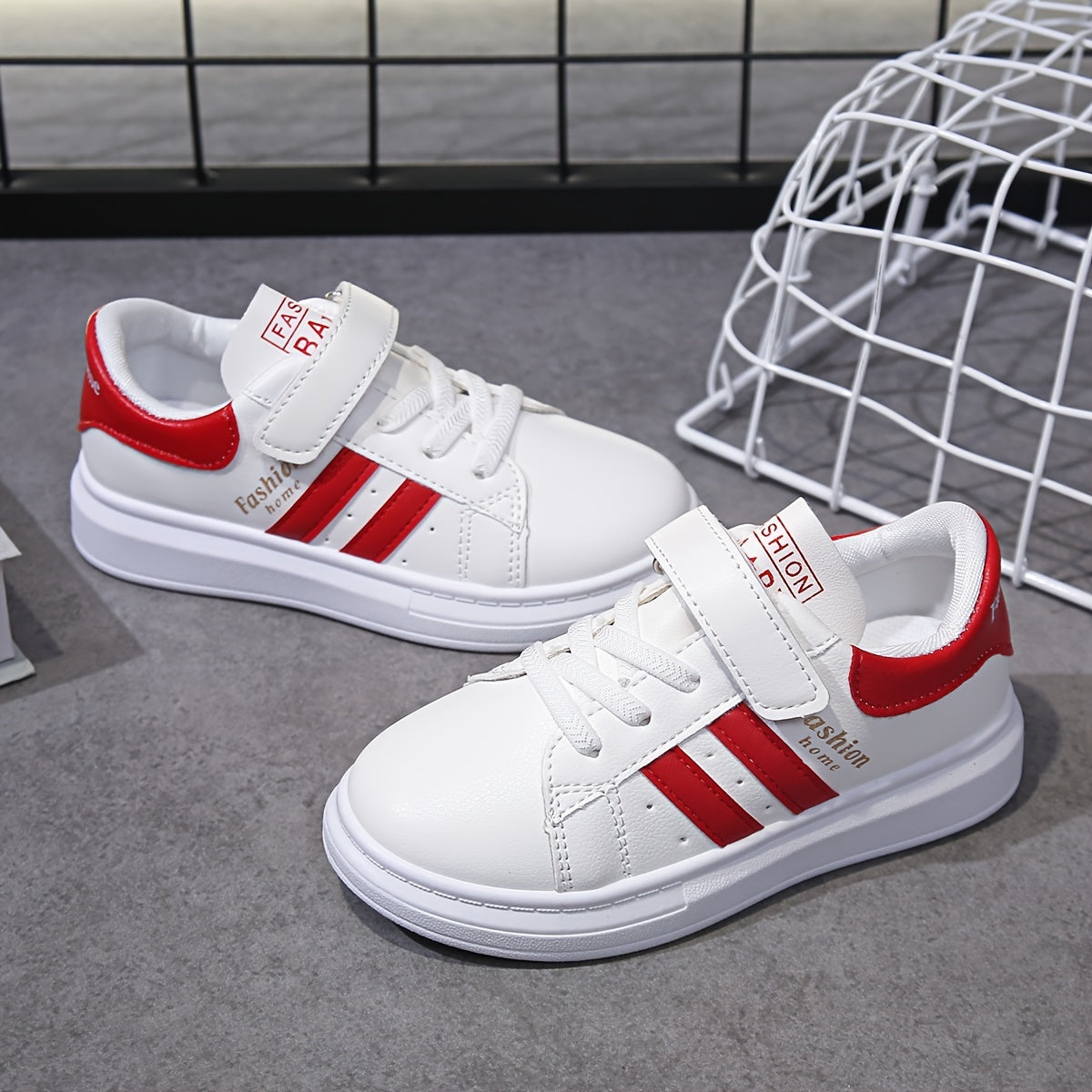 Kids' White Casual Sneakers for Boys and Girls with Red Stripes, PU Upper, PVC Sole