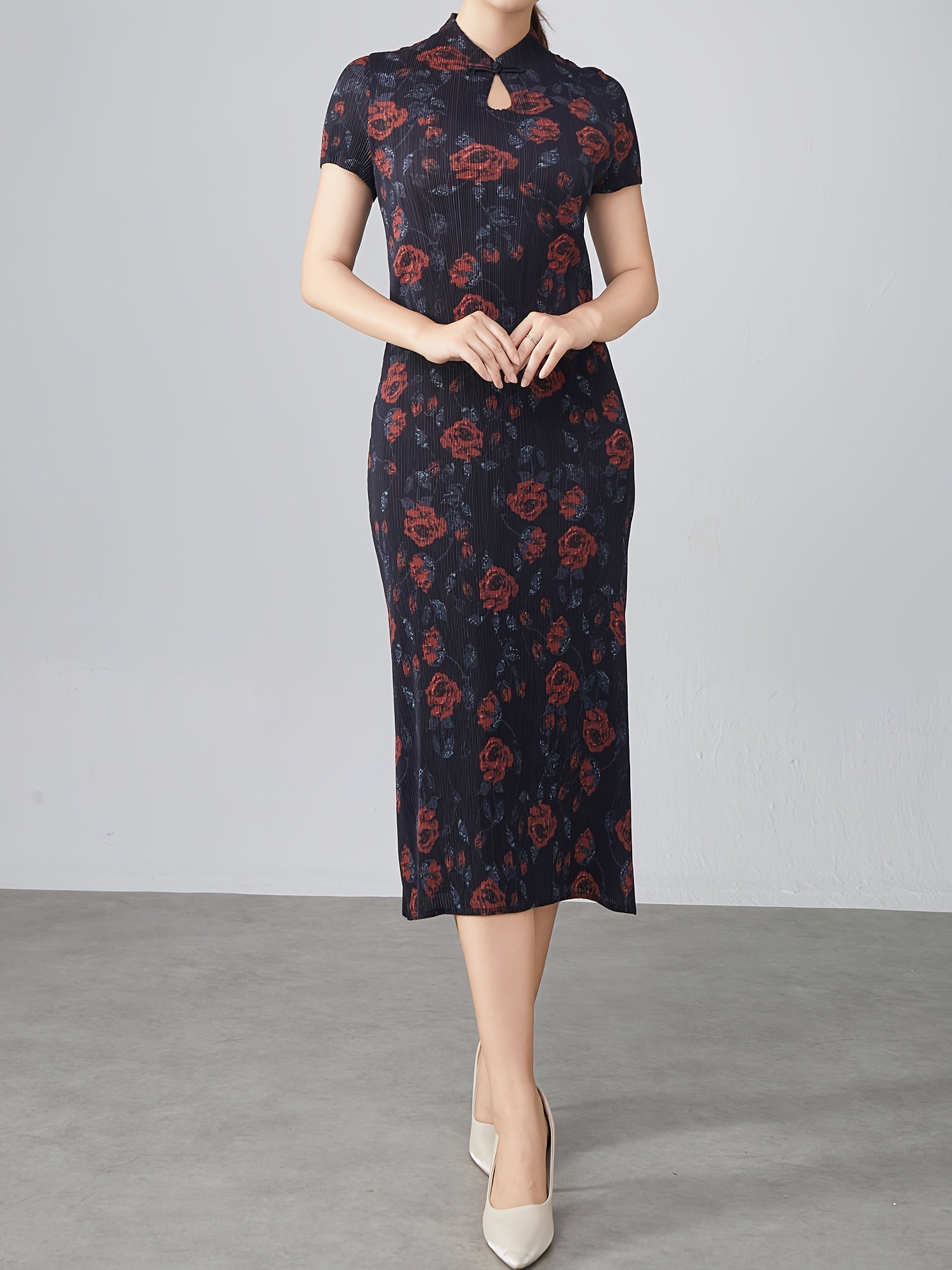 Plus Size Floral Print Qipao Dress Short Sleeve High Stretch Loose Fit Evening Wear