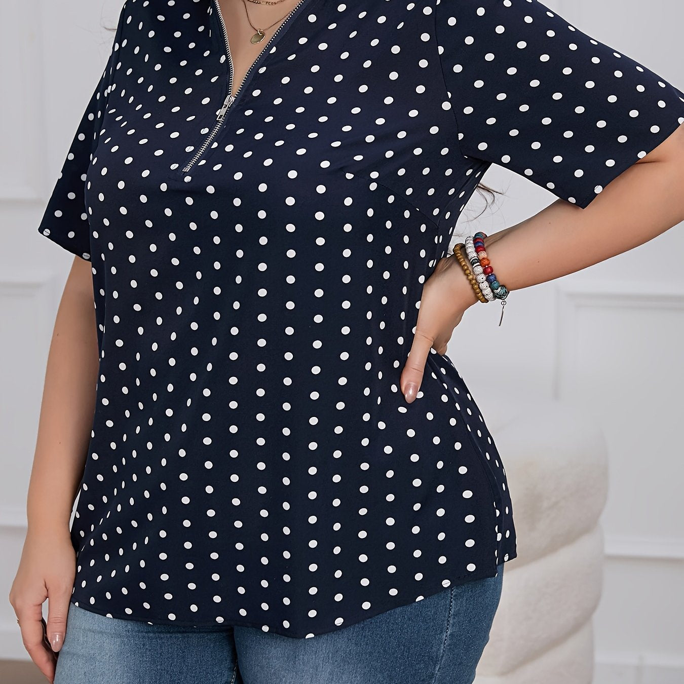 Women's Plus Size Polka Dot V-Neck Short Sleeve Zip Casual Summer Shirt