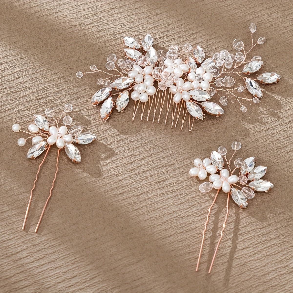 Pack of 3 Bridal Hair Accessories Faux Pearl Floral Hair Comb and Crystal Hair Pins
