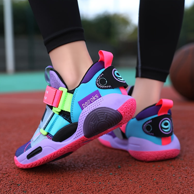 Youth Casual Basketball Sneakers Girls Pink Purple Blue Low Top TPR Sole Elastic Closure