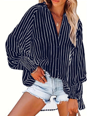 Plus Size Women's Striped V-Neck Blouse in Red and White Lightweight Polyester for Spring Fall Casual