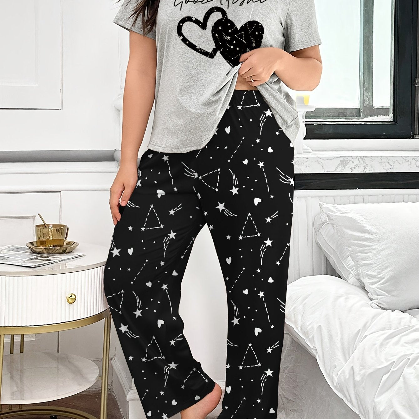 Plus Size Women's Nightwear Set with Graphic Tee and Pajama Pants