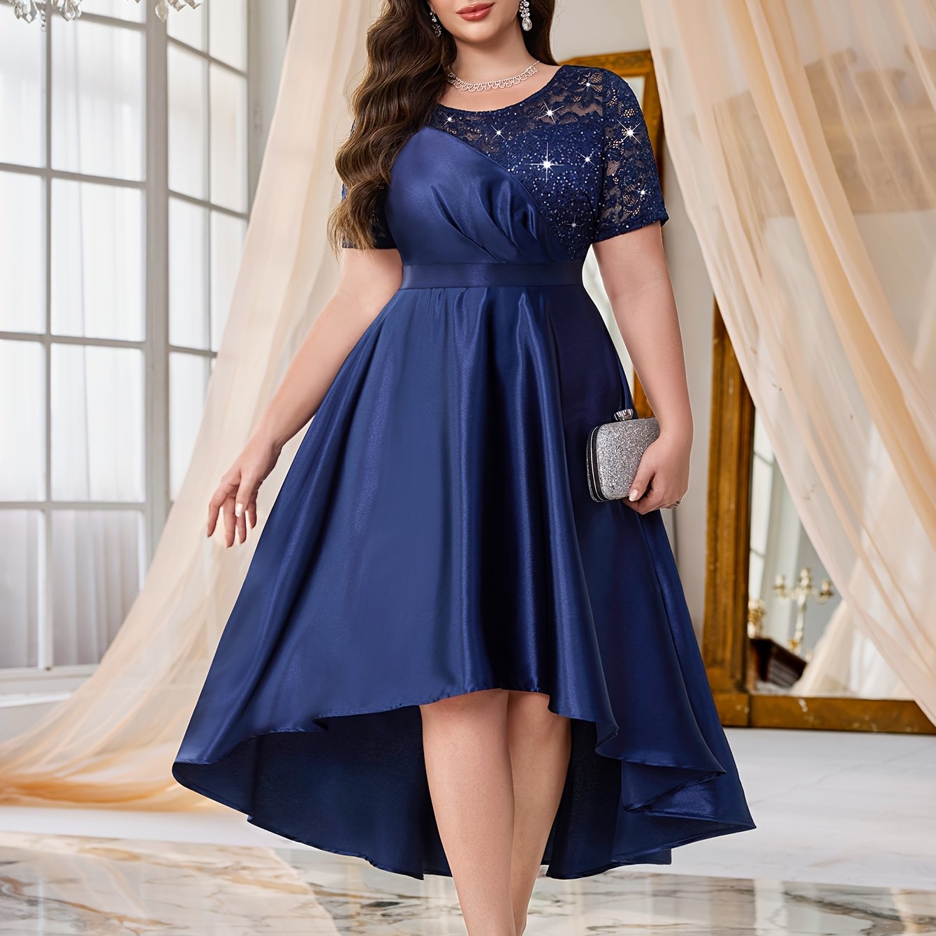Plus Size Lace Dress with Sequins Blue Sleeveless Knee-Length