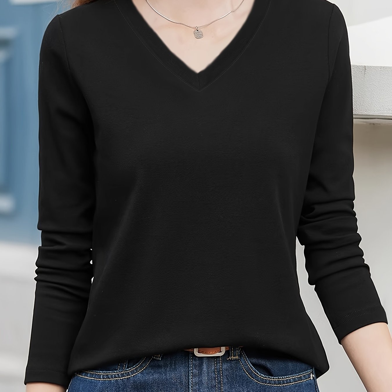 Women's Solid Color V-Neck Casual Top Polyester Spring Summer Mid Elasticity