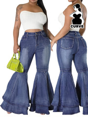 Women's Plus Size Double-Layer Flare Jeans Denim Woven Leg Pants