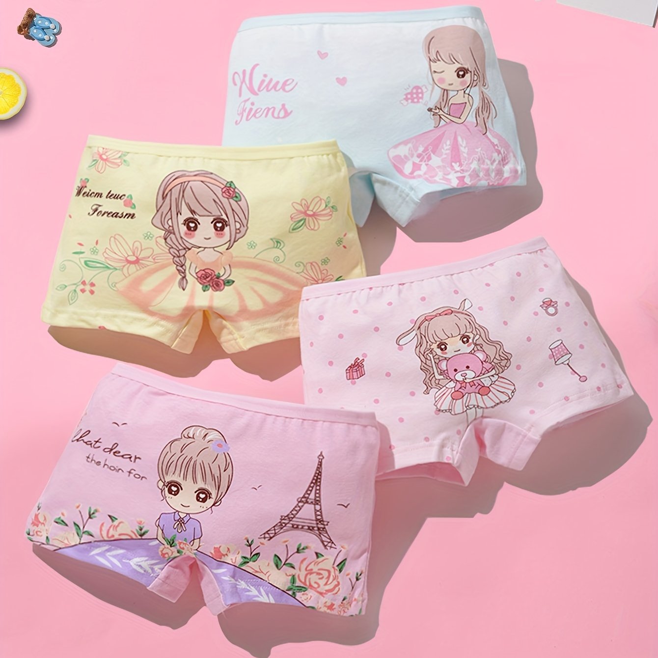 Set of 4 Kids Cotton Briefs with Cartoon Girl Print Soft Cotton All-Season Comfortable