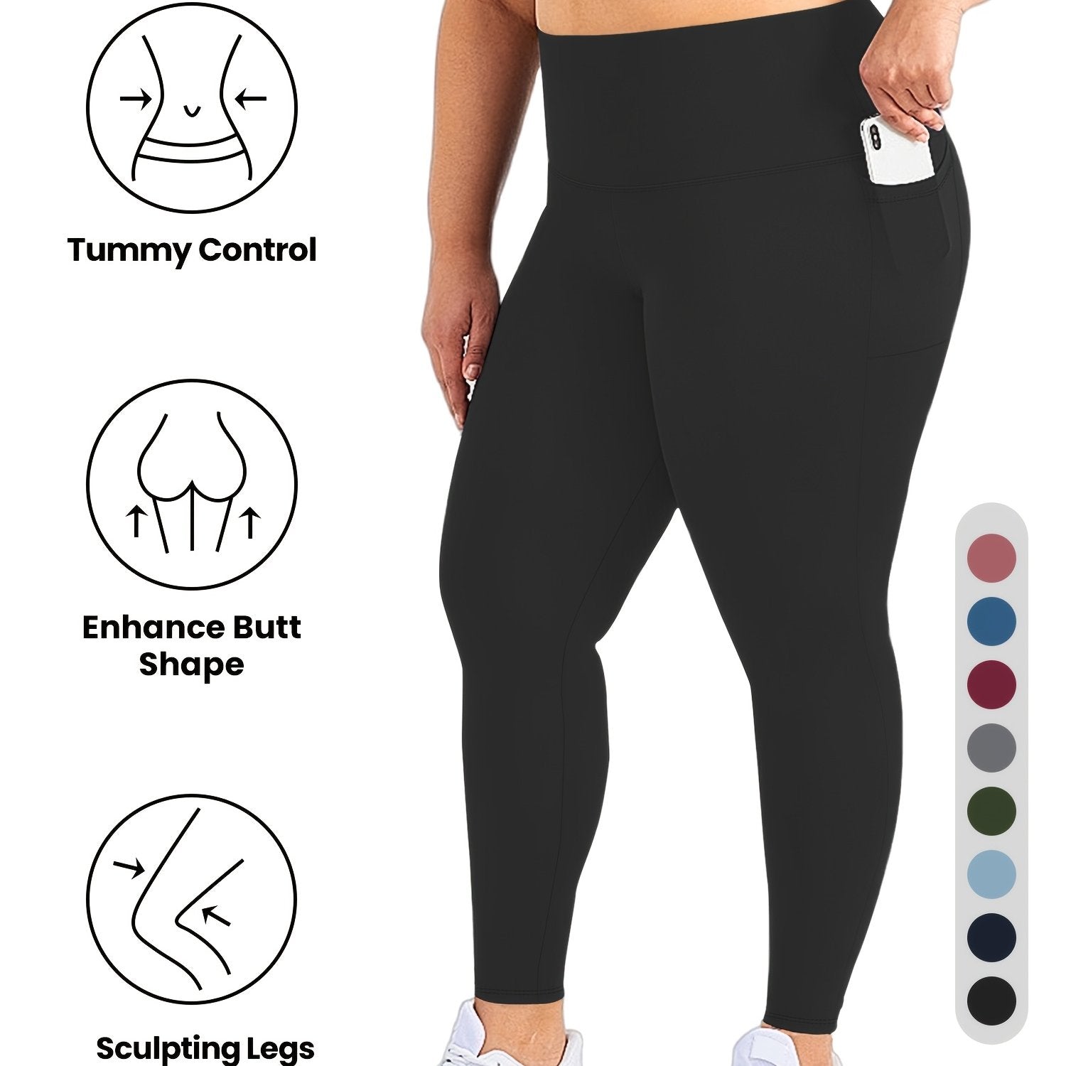 Plus Size Women's High-Waist 9/3 Length Leggings with Pockets Casual Stretchy