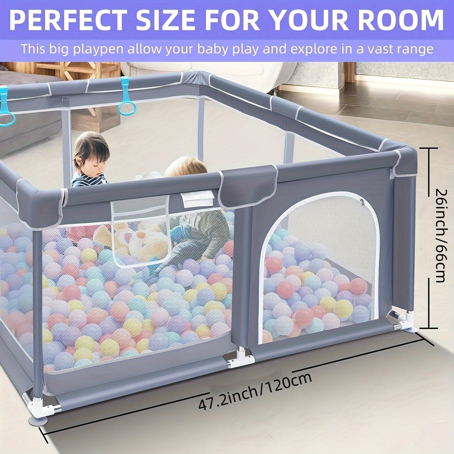 Kids Playpen Gray Polyester Enclosed Safe Play Area with Zipper Doors