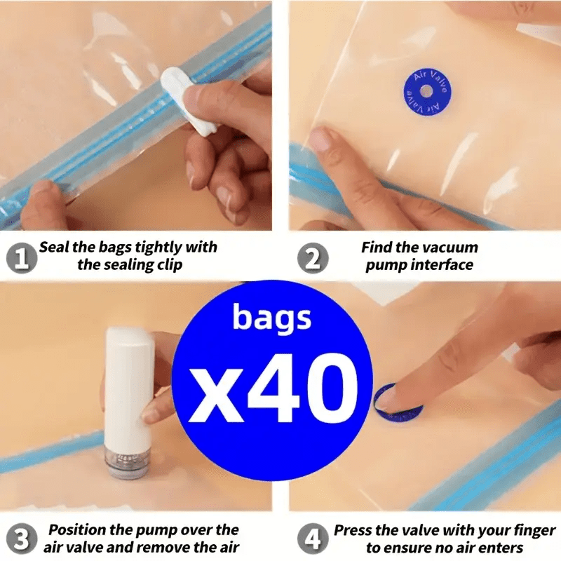 40 Pieces Reusable Vacuum Sealer Bags with Blue Zippers for Food Storage Airtight PE+PA