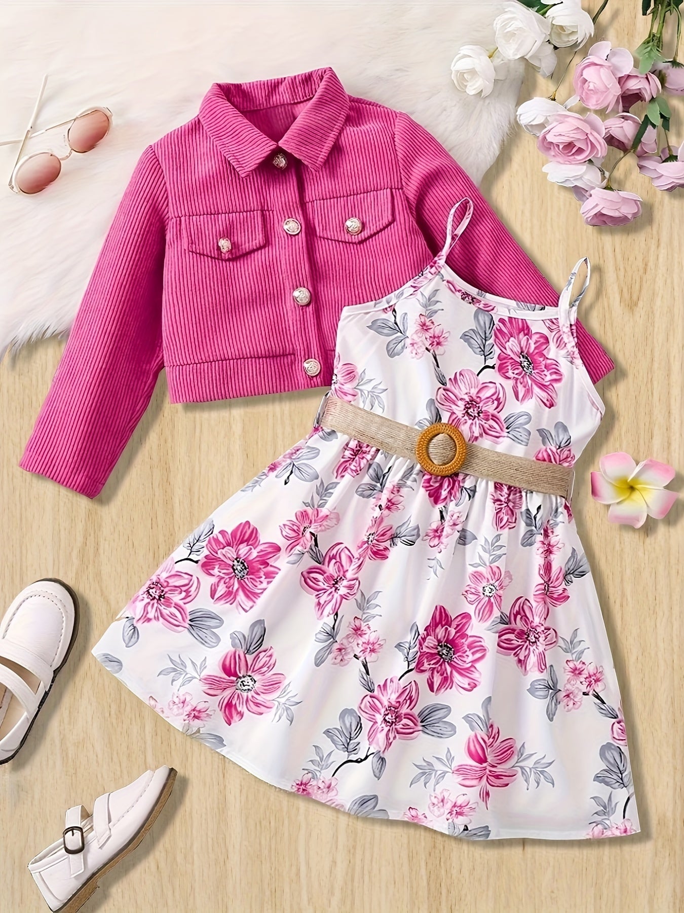 Girls Casual Outfit Set with Ribbed Corduroy Jacket Floral Cami Dress Belt for Spring Fall Outdoor Parties