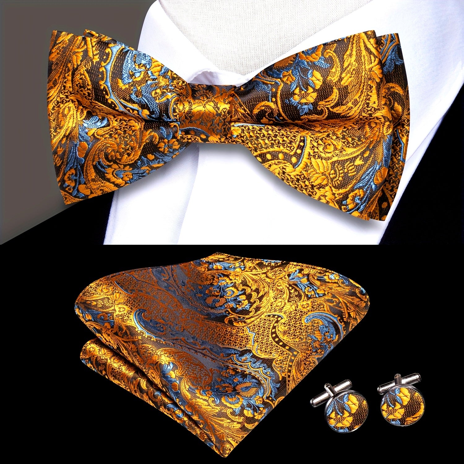 Men's Black and Gold Bow Tie Pocket Square Cufflinks Set for Weddings and Parties