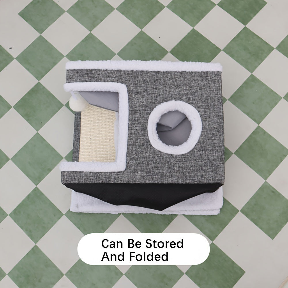 Double-Layered Cat Bed with Sisal Scratching Post Foldable Enclosed Design Large Space All-Season