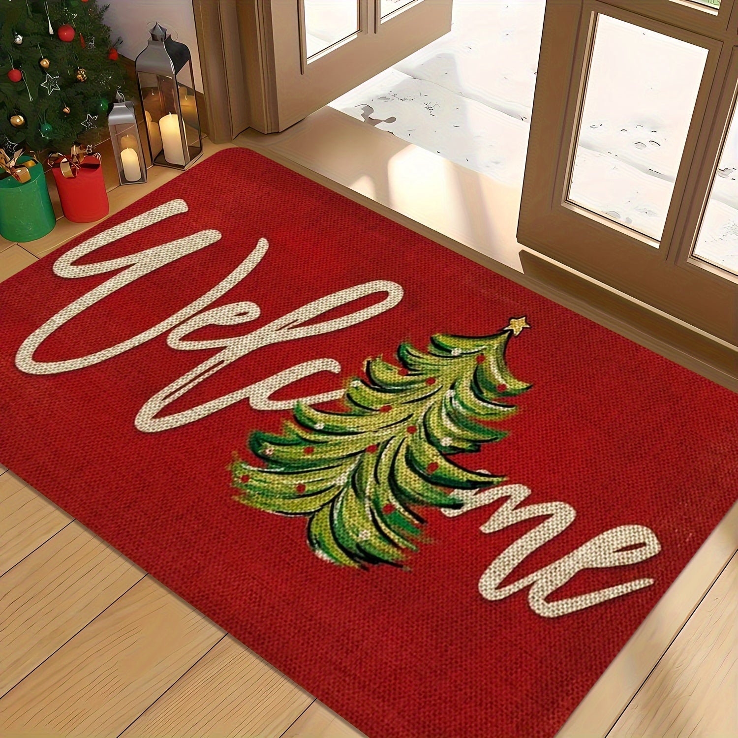 Christmas Doormat Red Polyester Non-Slip Waterproof Stain-Resistant