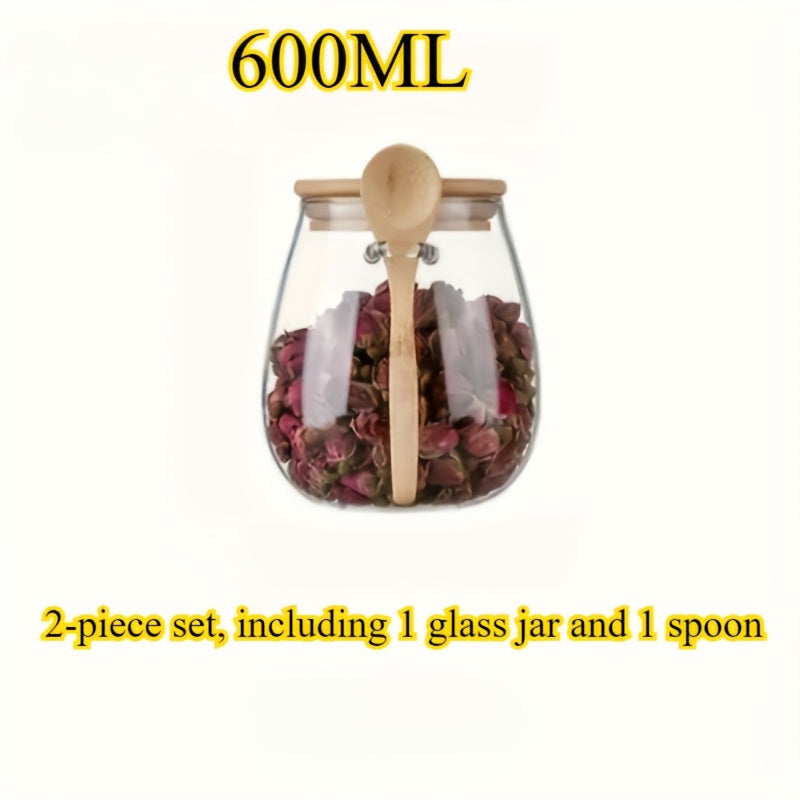 Set of 2 Glass Jars with Wooden Lids and Spoons for Coffee Tea Spices
