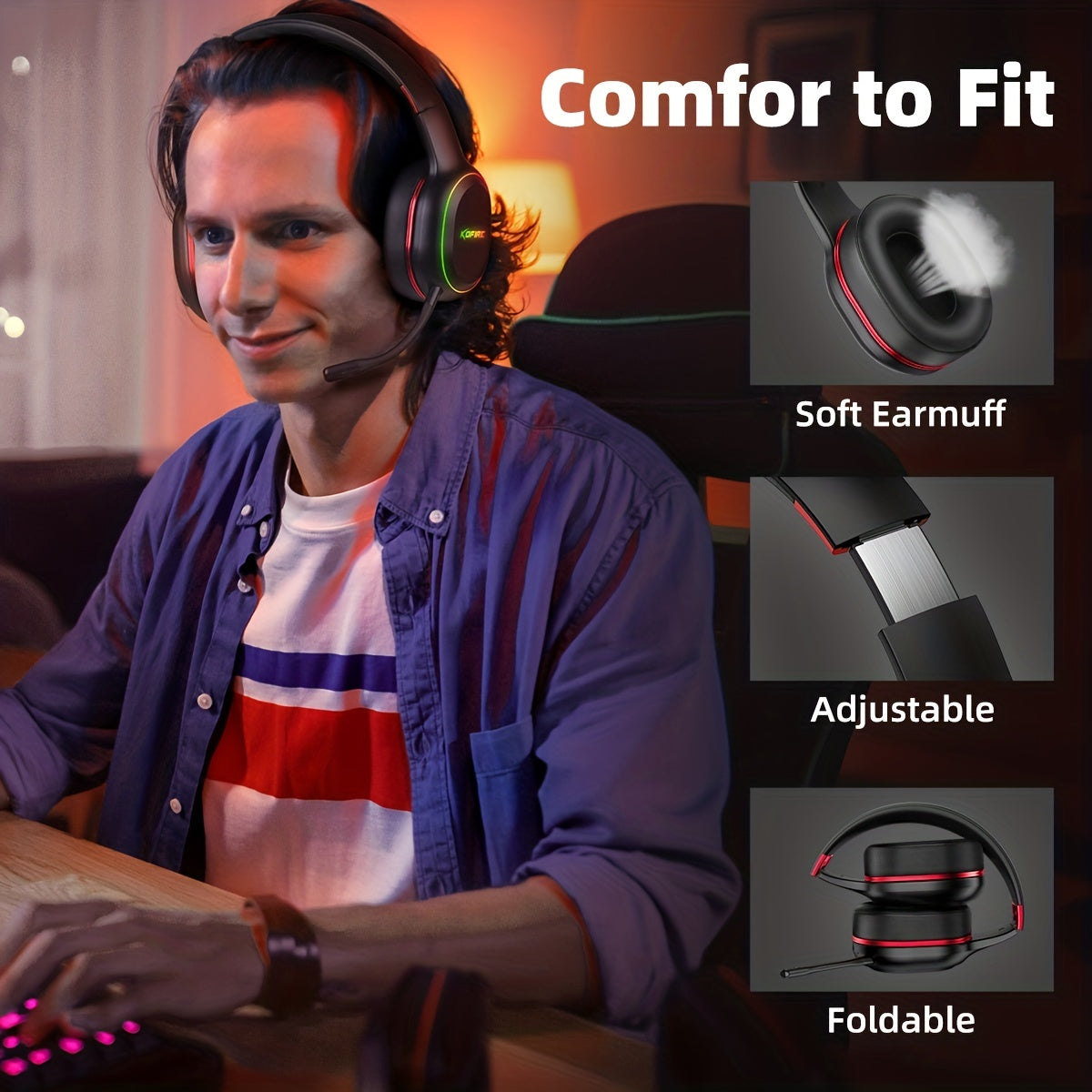Wireless Gaming Headset 2.4GHz with 30H Playtime, Detachable Mic, 3D Stereo Sound