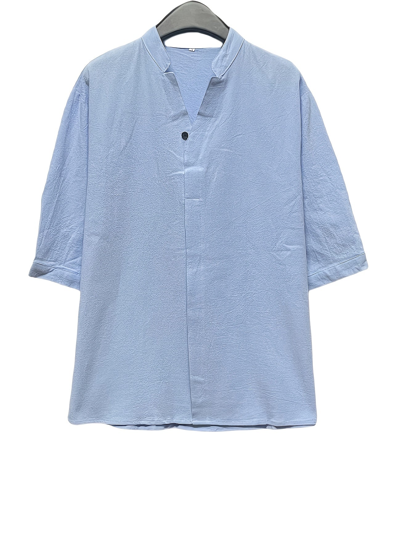 Men's Summer Casual Shirt Solid Color Stand Collar Mid-Sleeve Chest Pocket Cotton Blend